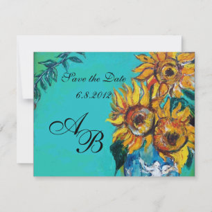 INVITATION TURNESOLS EN BLEU TURQUOISE FÊTE D'ÉTÉ MONOGRAMME