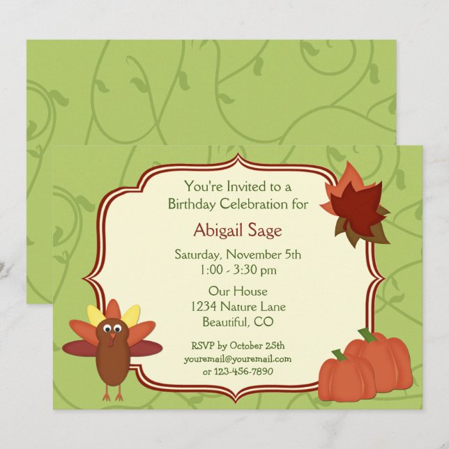 Invitation Turquie mignonne et Citrouille Thanksgiving Annive (Devant / Derrière)