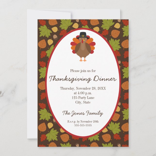 Invitation Turquie mignonne et Thanksgiving Feuille (Devant)