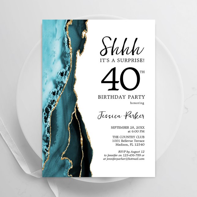 Invitation Turquoise Agate Or Blanc Surprise 40e anniversaire (Créateur téléchargé)