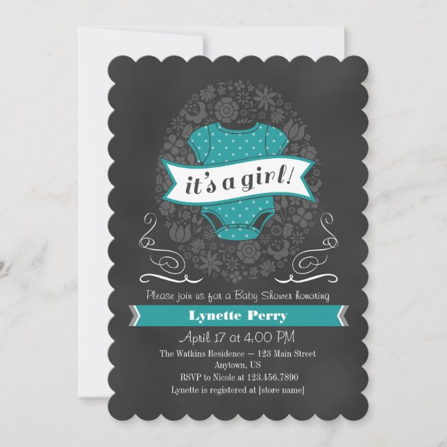 Invitation Turquoise Aqua Blue Chalkboard fille Baby shower I (Devant)