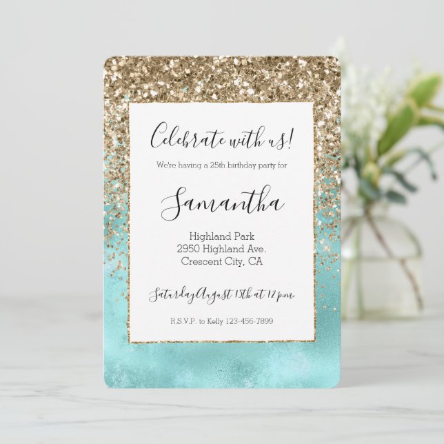 Invitation Turquoise Aqua Gold Glam Parties scintillant étinc (Debout devant)