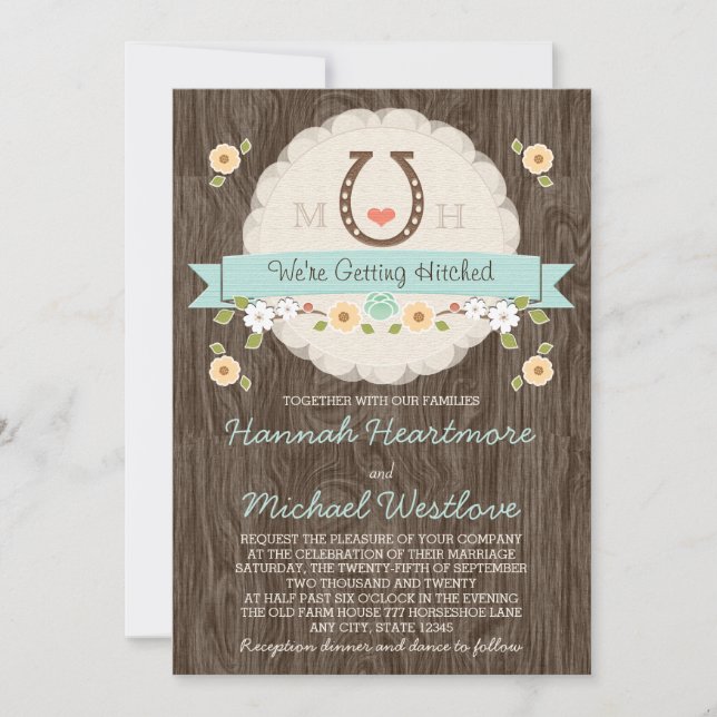 Invitation Turquoise Aqua Horseshoe Heart Western Mariage (Devant)