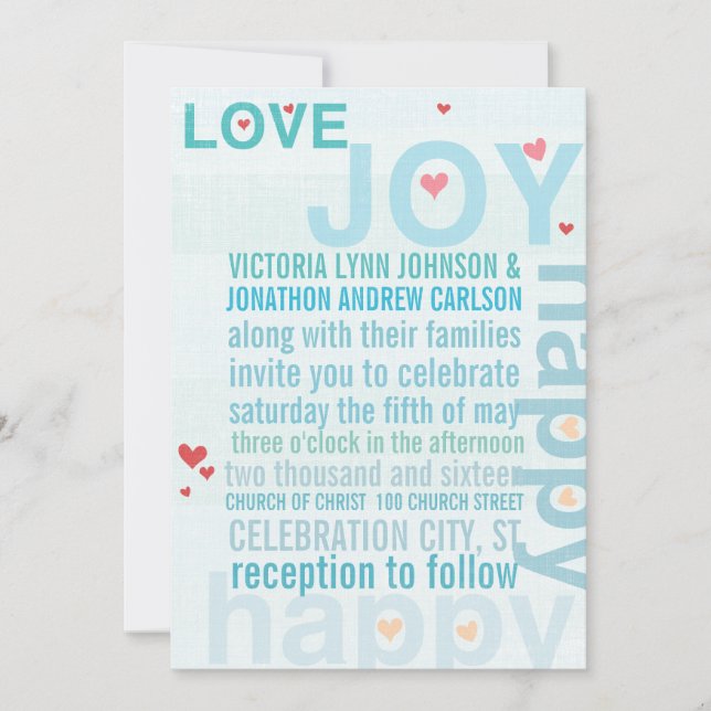 Invitation Turquoise Aqua Red Heart Mariage de typographie mo (Devant)