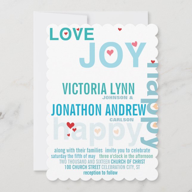 Invitation Turquoise Aqua Red Heart Mariage de typographie mo (Devant)