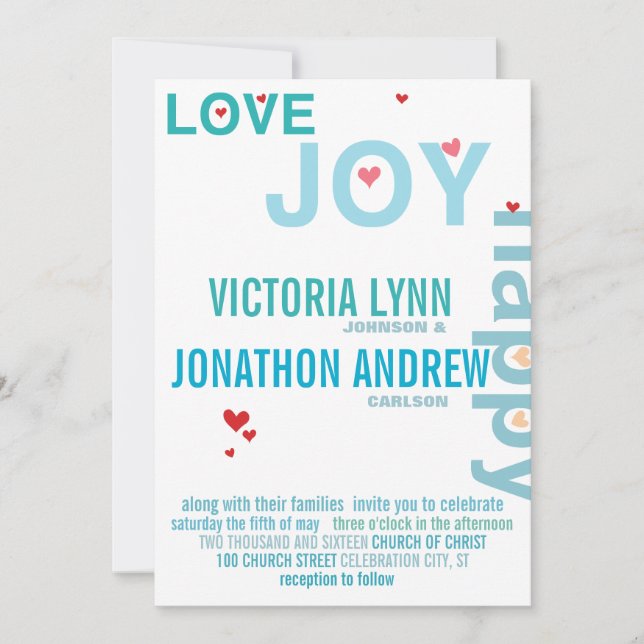 Invitation Turquoise Aqua Red Heart Mariage de typographie mo (Devant)