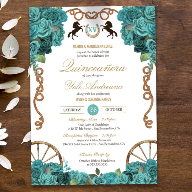 Invitation Turquoise Aquamarine Ouest Charra Quinceañera (Créateur téléchargé)