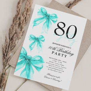 Invitation Turquoise Aquarelle Coquette Nœud 80e Anniversaire