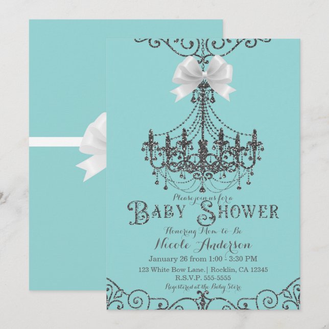 Invitation Turquoise & Argent Blanc Bow Chic Baby shower (Devant / Derrière)
