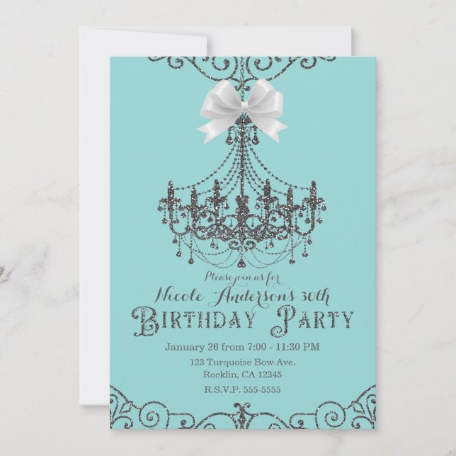 Invitation Turquoise Argent Blanc Nœud Fête d'anniversaire To (Devant)