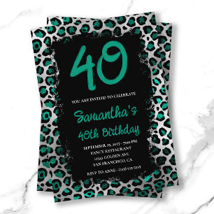 Invitation Turquoise Argent Léopard Peint en Noir 40e Anniver