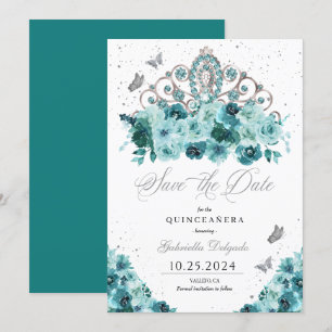 Invitation Turquoise & Argent Tiara Enregistrer La Date Quinc