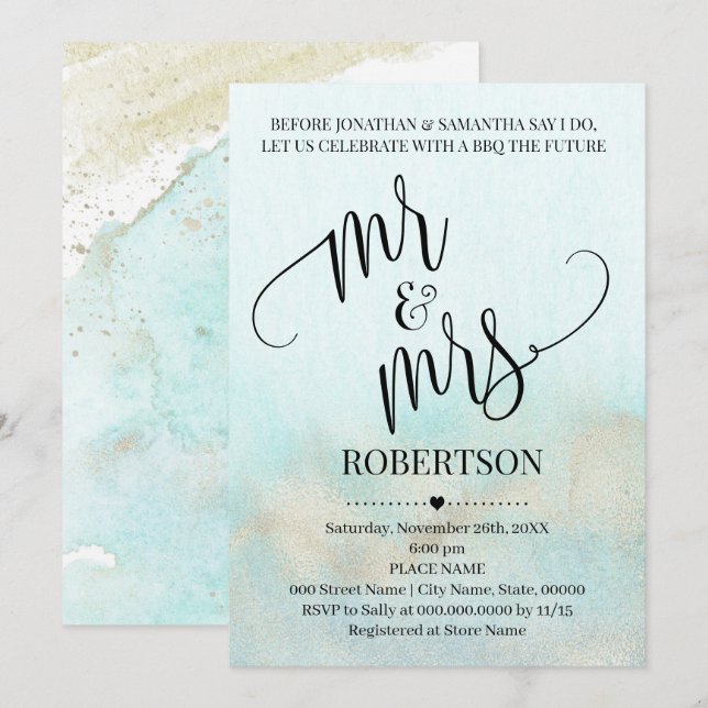 Invitation Turquoise avec de l'or avant de faire M. & Mme Cou (Devant / Derrière)