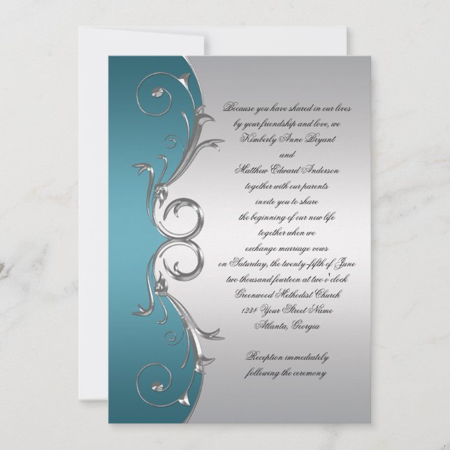 Invitation Turquoise avec Ornate Silver Swirls Mariage Célébr (Devant)