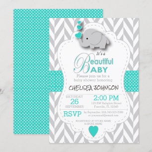 Invitation Turquoise, Baby shower d'éléphant gris blanc