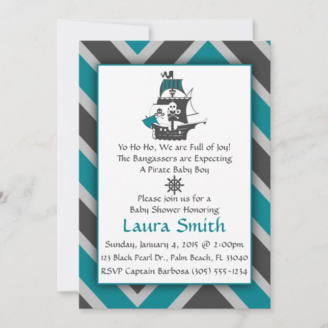 Invitation turquoise Baby shower pirate (Devant)