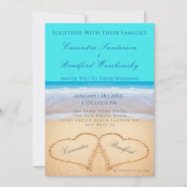 Invitation Turquoise Beach Wedding 2 Coeurs mariage de sable (Devant)