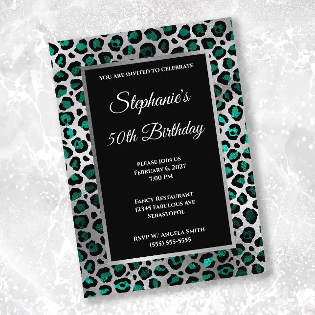 Invitation Turquoise Black and Silver Leopard Glam 50e annive (Créateur téléchargé)