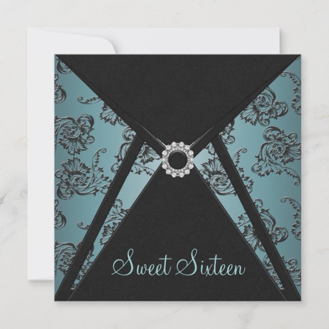 Invitation Turquoise Black Damask Sweet sixteen (Devant)
