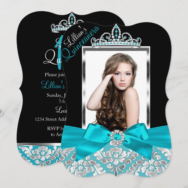Invitation Turquoise Black Damask & Tiara Photo Quinceanera I (Devant / Derrière)