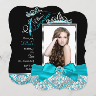 Invitation Turquoise Black Damask & Tiara Photo Quinceanera I
