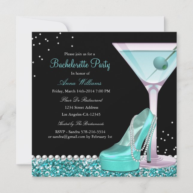 Invitation Turquoise Black Parties scintillant Pearl Bachelor (Devant)