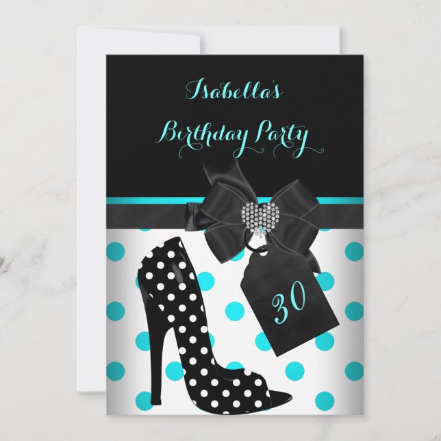 Invitation Turquoise Black White Heart Pois Talons Anniversai (Devant)