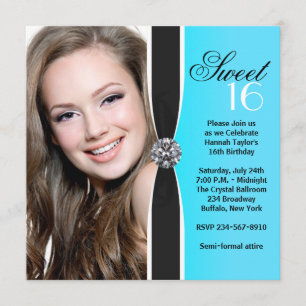 Invitation Turquoise Black White Photo Sweet 16 Anniversaire
