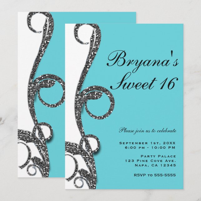 Invitation Turquoise blanc Parties scintillant Argent Swirl S (Devant / Derrière)