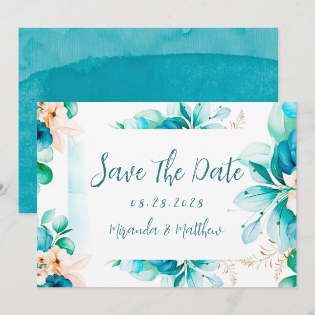 Invitation Turquoise Bleu Aquarelle Floral Enregistrer Les Ca (Devant / Derrière)