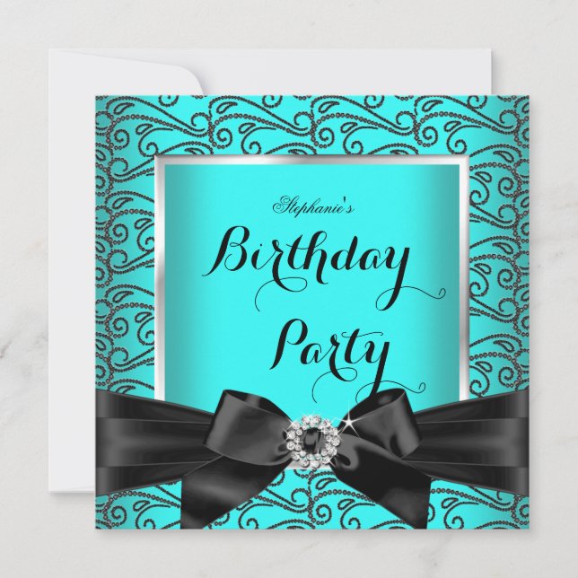 Invitation Turquoise Bleu Argent Diamants Noirs Fête d'annive (Devant)