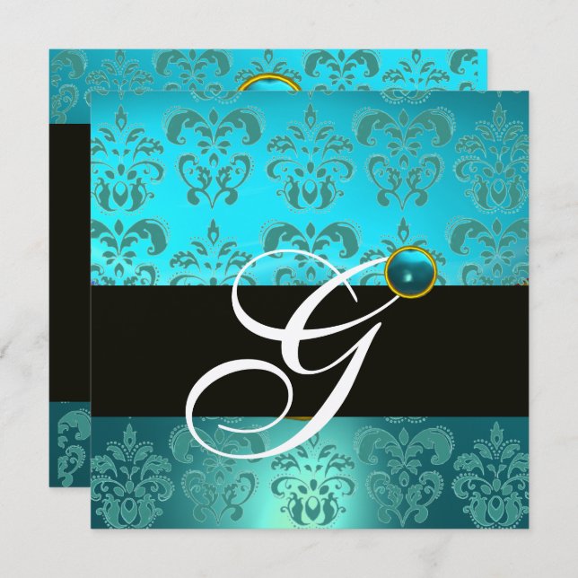 INVITATION TURQUOISE BLEU ARGENT NOIR DAMAS MONOGRAMME (Devant / Derrière)