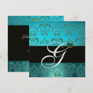 INVITATION TURQUOISE BLEU ARGENT NOIR DAMAS MONOGRAMME