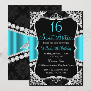 Invitation Turquoise Bleu Argent Noir Tiara Sweet 16 Invitati