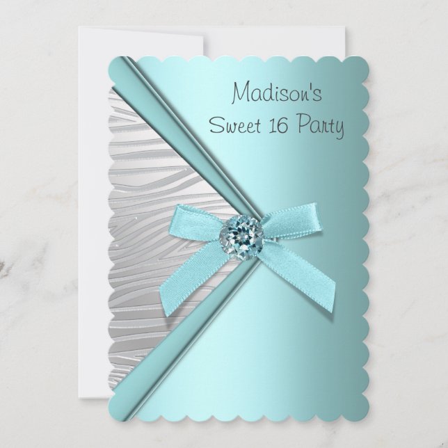 Invitation Turquoise Bleu Argent Zèbre Sweet 16 Party (Devant)