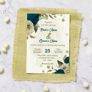Invitation turquoise bleu beige fleurs mariage botanique
