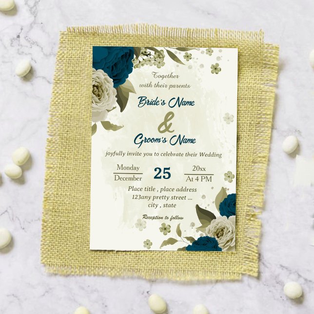 Invitation turquoise bleu beige fleurs mariage botanique (Créateur téléchargé)