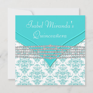Invitation Turquoise bleu blanc Damas Diamant Quinceanera