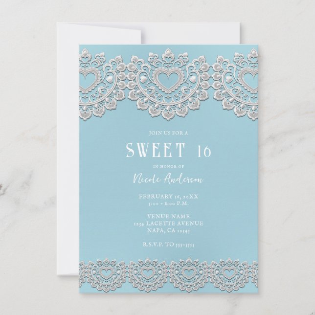 Invitation Turquoise Bleu Blanc dentelle Coeur doux 16 (Devant)