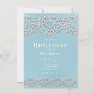 Invitation Turquoise Bleu Blanc Dentelle Coeur Quinceañera Fê