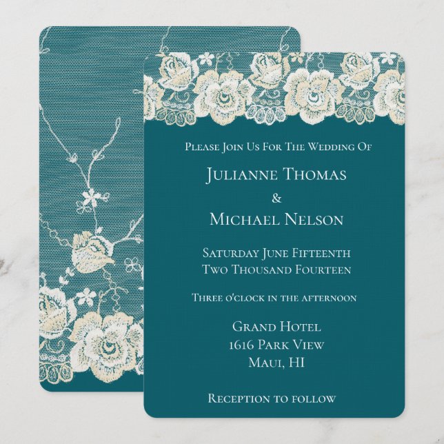 Invitation Turquoise bleu blanc dentelle Floral Romantique Ma (Devant / Derrière)
