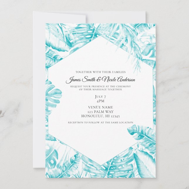 Invitation Turquoise Bleu Blanc Tropical Palm Feuille Mariage (Devant)