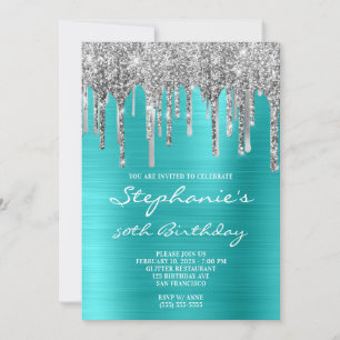 Invitation Turquoise Bleu et Gouttes d'Argent pour 50e Annive