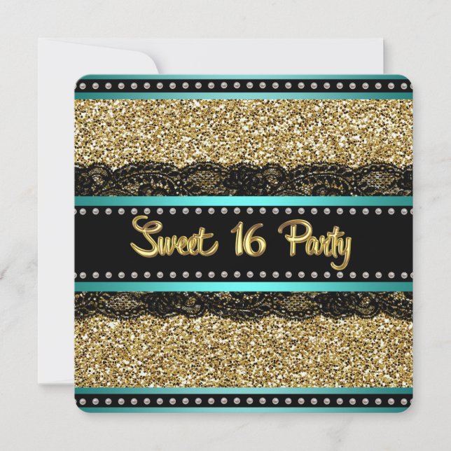 Invitation Turquoise Bleu et Or Sweet 16 Anniversaire (Devant)