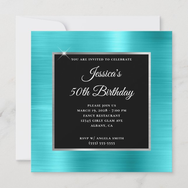 Invitation Turquoise Bleu et Silver Foil Noir 50e anniversair (Devant)
