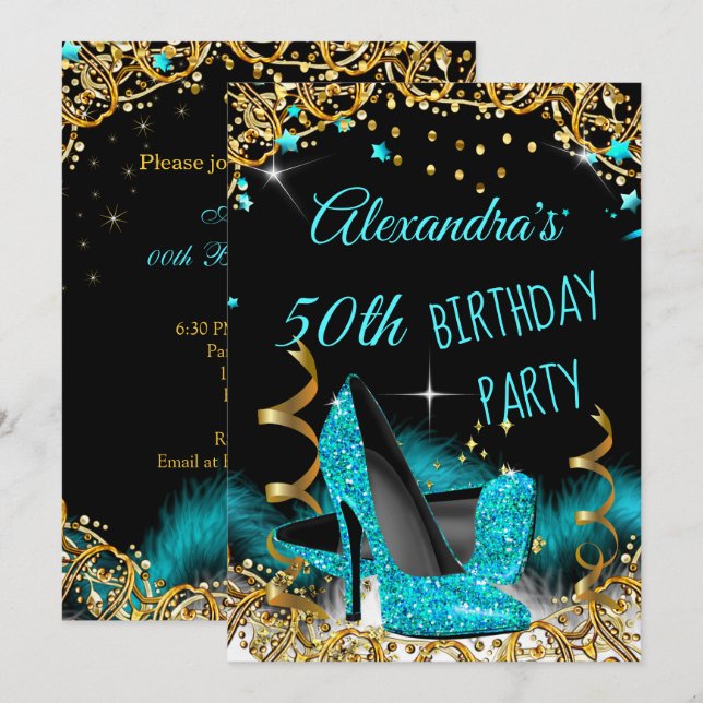 Invitation Turquoise Bleu Haut talons Or Étincelle Anniversai (Devant / Derrière)