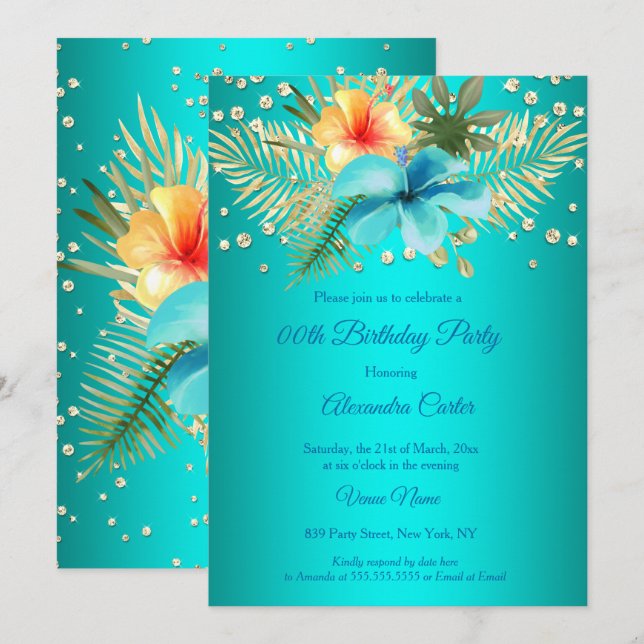 Invitation Turquoise bleu Jaune or palmiers fleuris Anniversa (Devant / Derrière)