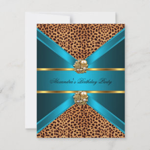 Invitation Turquoise bleu léopard or Elégant noir Anniversair