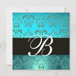 Invitation TURQUOISE BLEU NOIR  DAMAS MONOGRAMME , aigue-mari