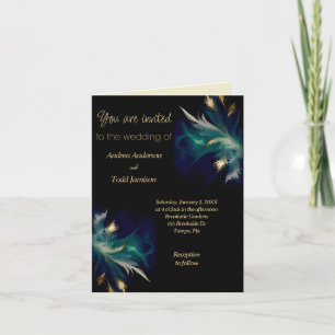 Invitation turquoise bleu noir plumage or plié